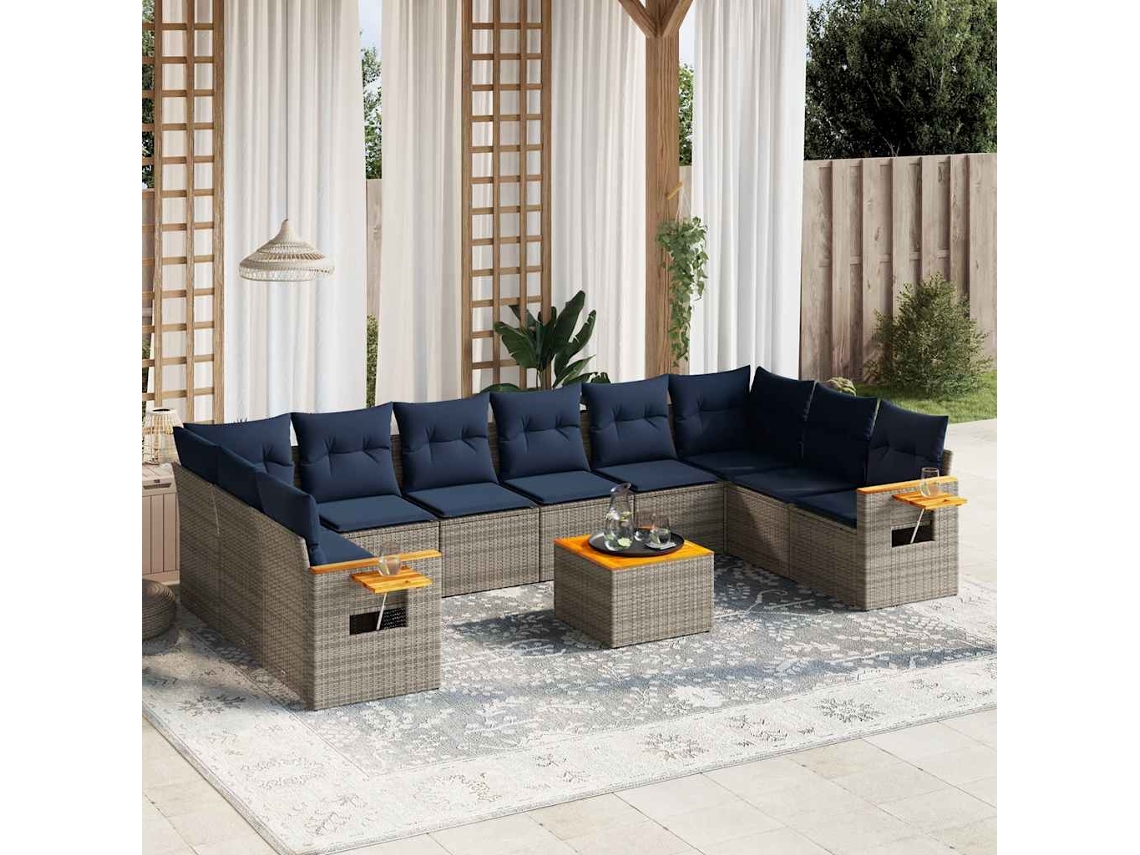 Vidaxl 11 Pcs Conjunto Sofás De Jardim C/ Almofadões Vime Pe Cinzento