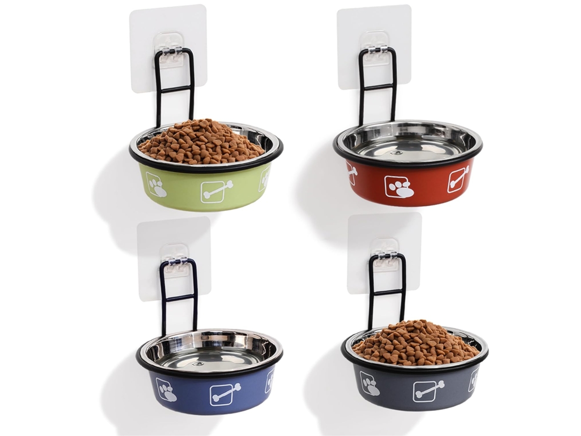 Conjunto de 4 Comedouros de Parede Elevados para Animais de Estimação, e Bebedouros Suspensos em Aço Inoxidável com Suporte Antiderrapante AQUAFORGE