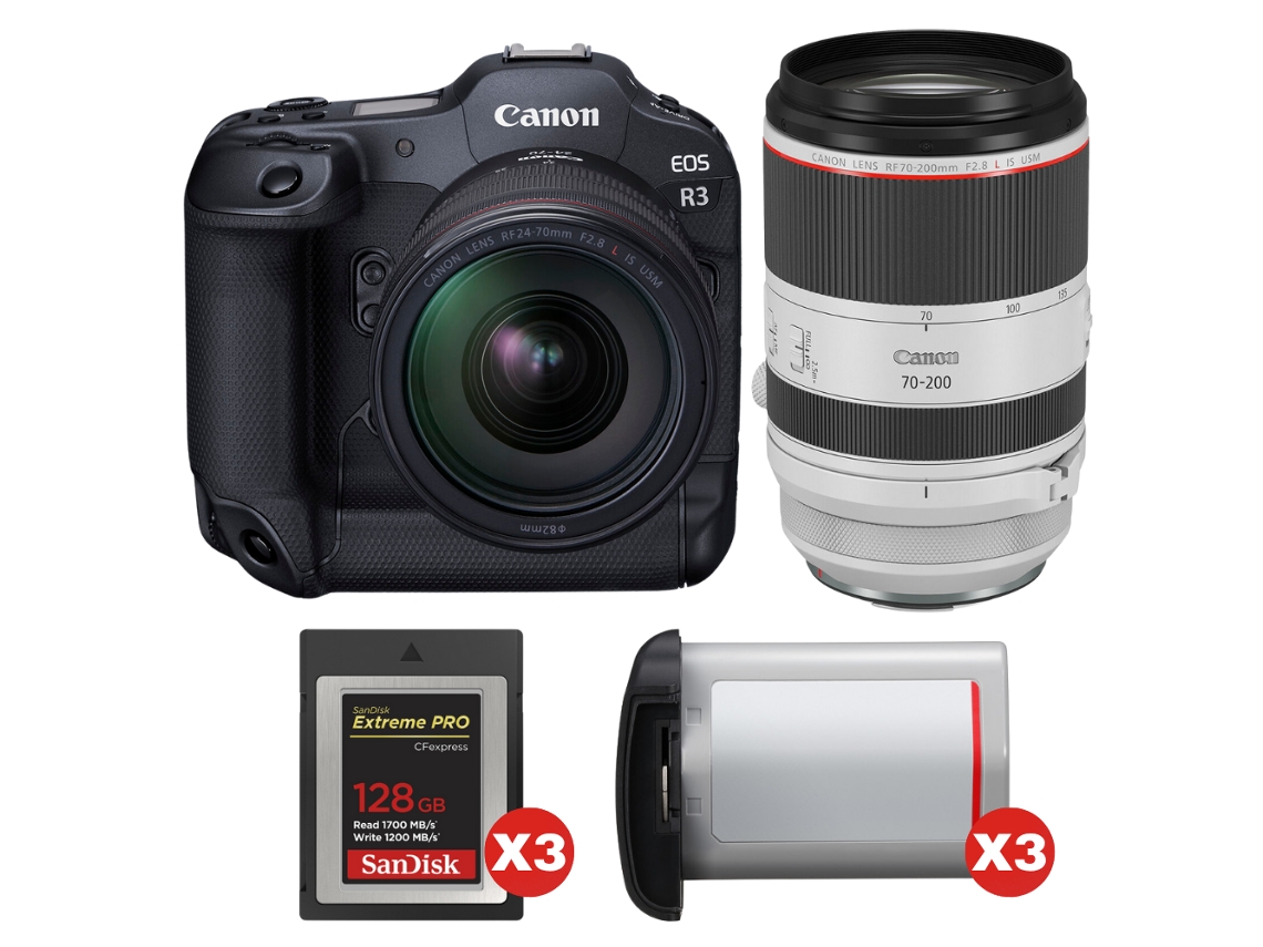 Eos R3 + Rf 24 70mm F/2.8 L Is Usm + Rf 70 200mm F/2.8 L Is Usm + 3 Sandisk 128gb Extreme Pro Cfexpress Type B + 3 Canon L + Ebook Pricedirect CANON
