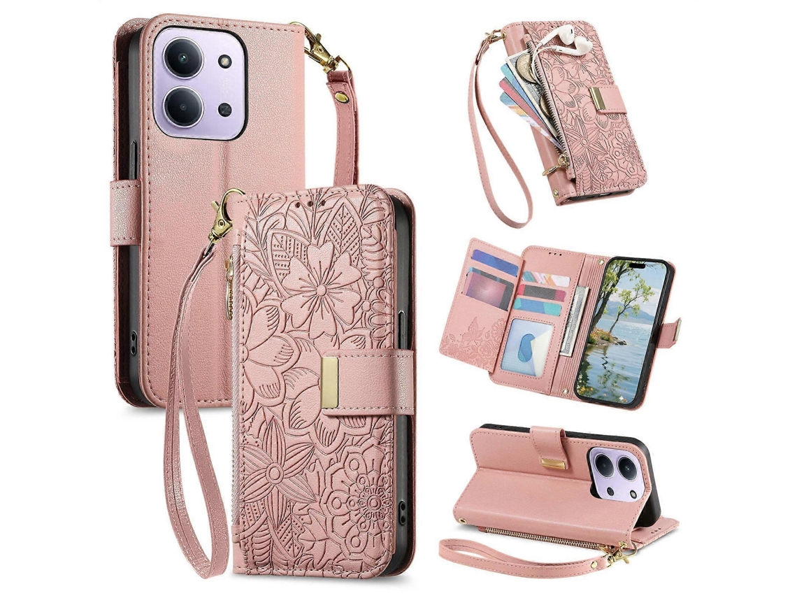 Capa Carteira De Couro Com Zíper, Estampa De Flores E Folhas, Com Alça, Para Celular Redmi 15c 5g/4g Global 171mm