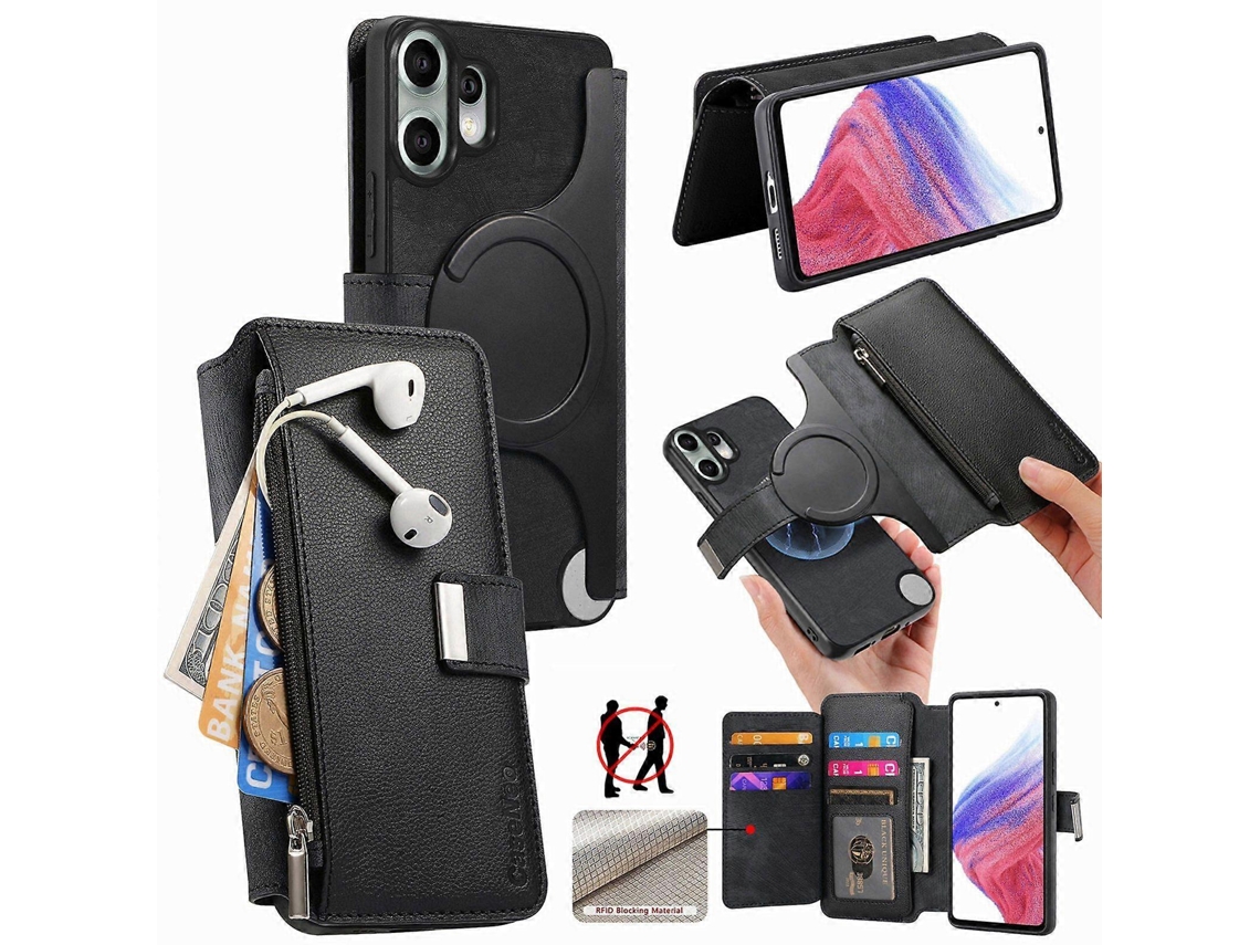Capa Carteira Retrô Em Couro Com Zíper Antifurto Magsafe Rfid Caseneo Para Celular Cmf Phone 2 Pro.