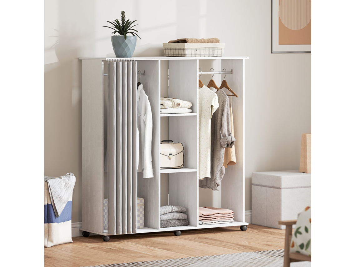 Armoire Penderie Meuble De Rangement Mobile 6 Roulettes 120l X 40l X 128h Cm En Bois Blanc