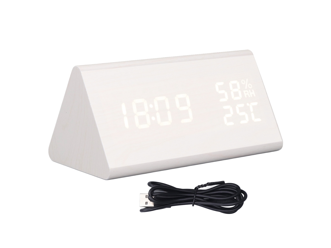 Reloj Despertador Led Digital de Madera Con Control de Voz, Humedad, Temperatura, Semana Y Hora, Blanco