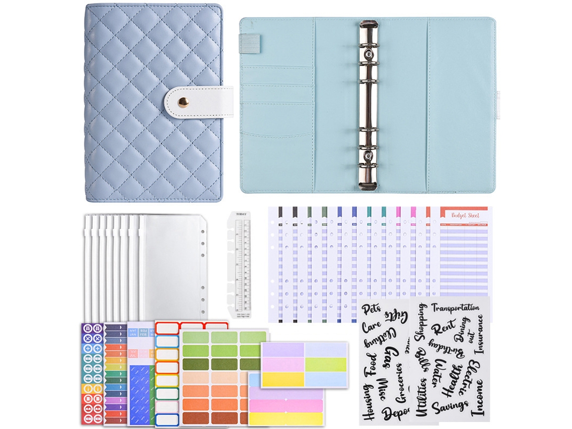 A6 Pu Leather Ring Binder Notebook Budget Cash Planner, Blue Bread Style, With Premium Gift Set 12-budget Cards +