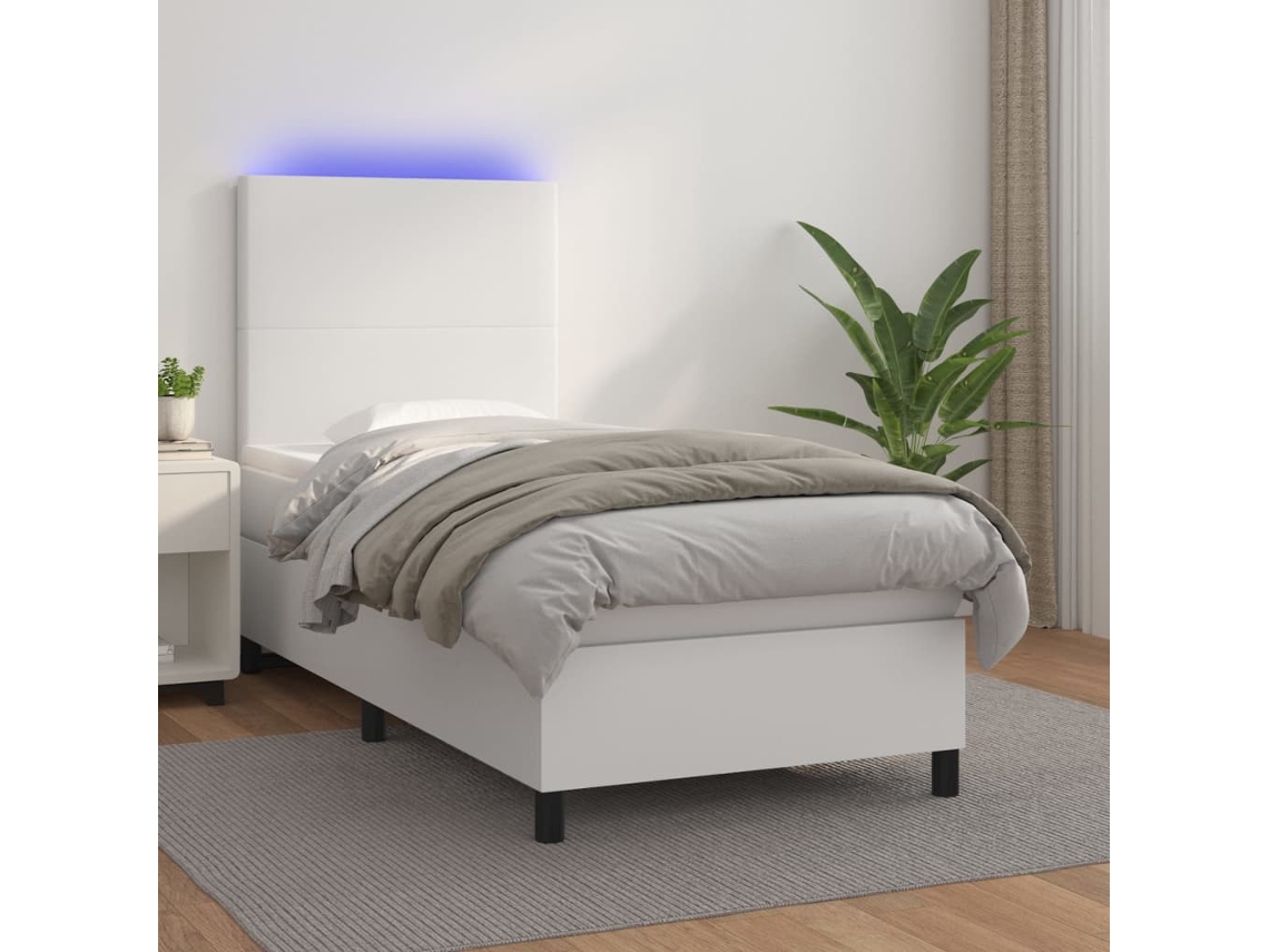Vidaxl Cama Box Spring C/ Colchão/led 90x190cm Couro Artificial Branco