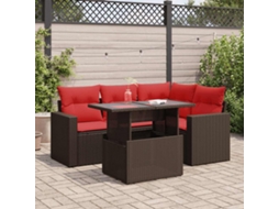 Vidaxl 5 Pcs Conj. Sofás Jardim C/ Almofadões Vime Pe/acácia Castanho