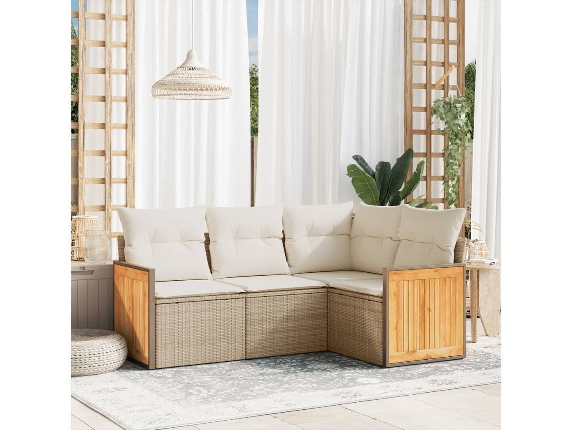 Vidaxl 4 Pcs Conjunto De Sofás Para Jardim C/ Almofadões Vime Pe Bege
