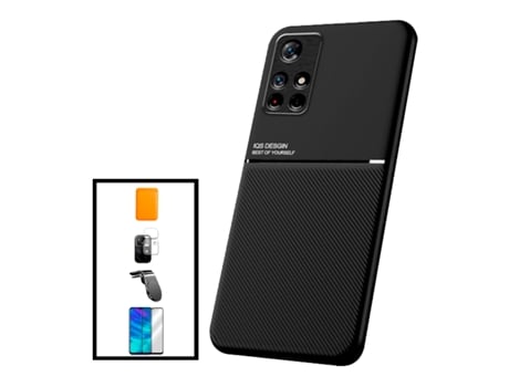 Kit Capa Traseira Magnética Anti Choque + Carteira Magnética Laranja + Película de Vidro Temperado Gorilasglass + Película de Câmara Traseira + Suporte Magnético L Safe Driving para Xiaomi Poco M4 Pro 5G