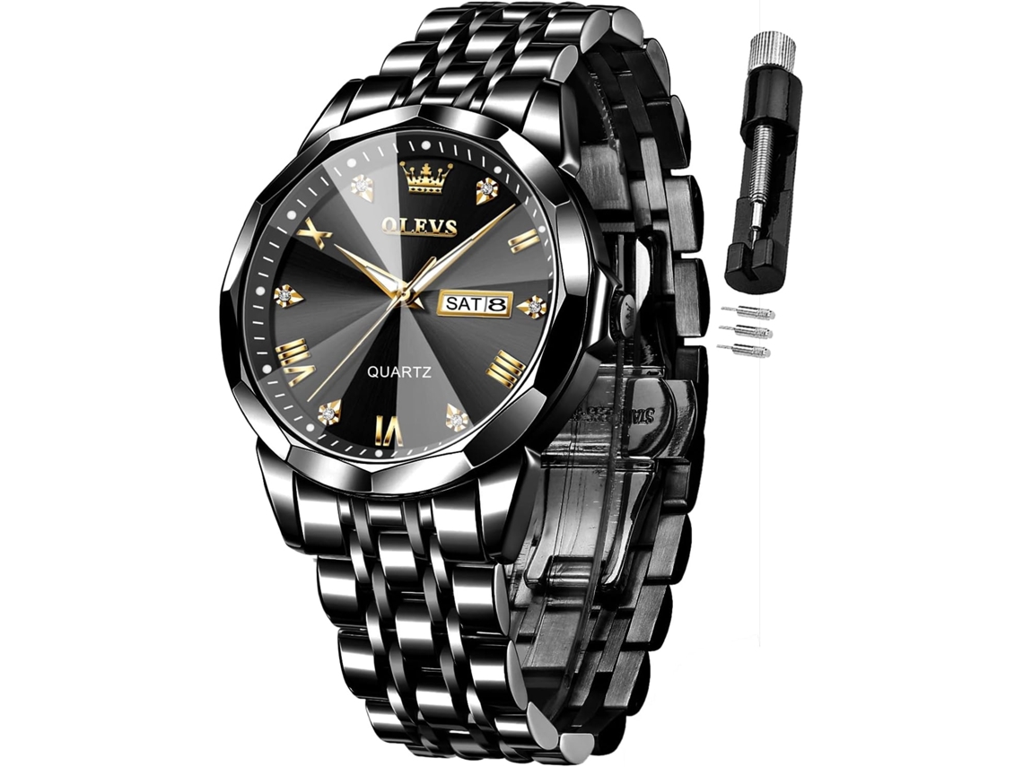Lurelia Relógio Masculino, Movimento De Quartzo, Analógico, Data/calendário, Luminoso, Detalhes Com Strass, Aço Inoxidável, Preto