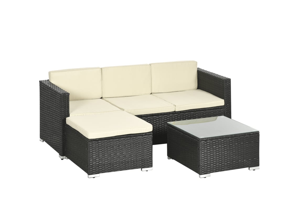 Móveis Vime Exterior Vime Pe, Poliéster e Aço Galvanizado Cor Preto e Bege 173x66x61 cm Outsunny