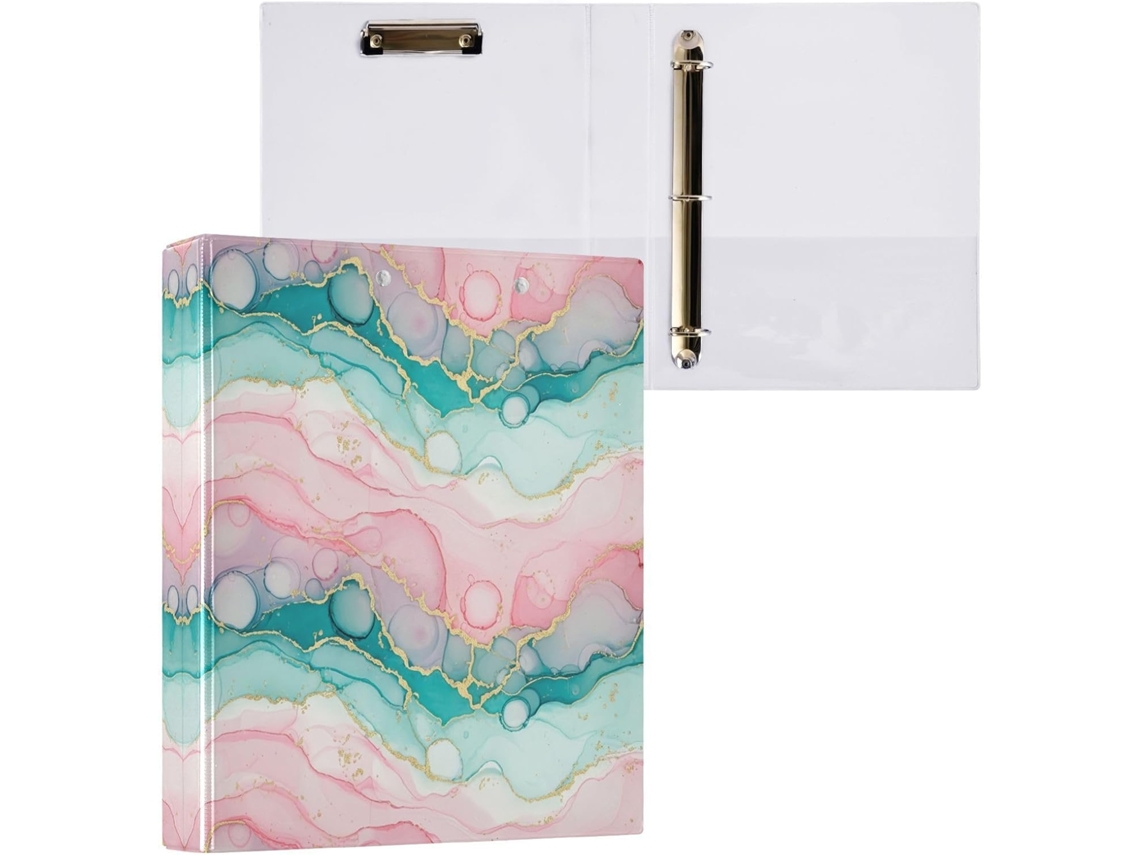 Pasta de 3 Argolas para Tamanho Carta , Linda Redonda com Textura Mármore Rosa e Verde Suporte (27,9 X 21,6 Cm)