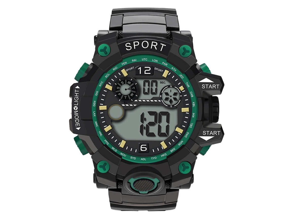 Relógio eletrônico esportivo masculino com LED e mostrador redondo (verde)