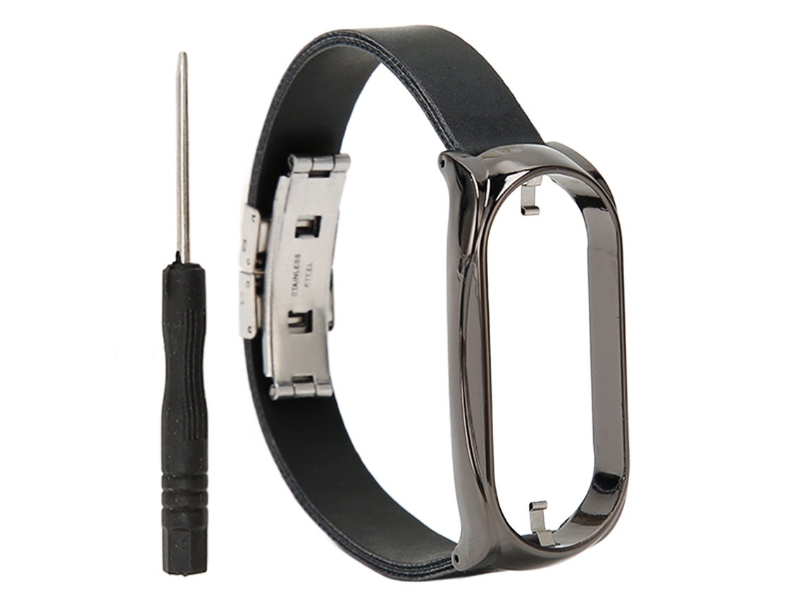Pulseira de Couro Pu com Capa Protetora para Mi Band 7 Aço Inoxidável Preto