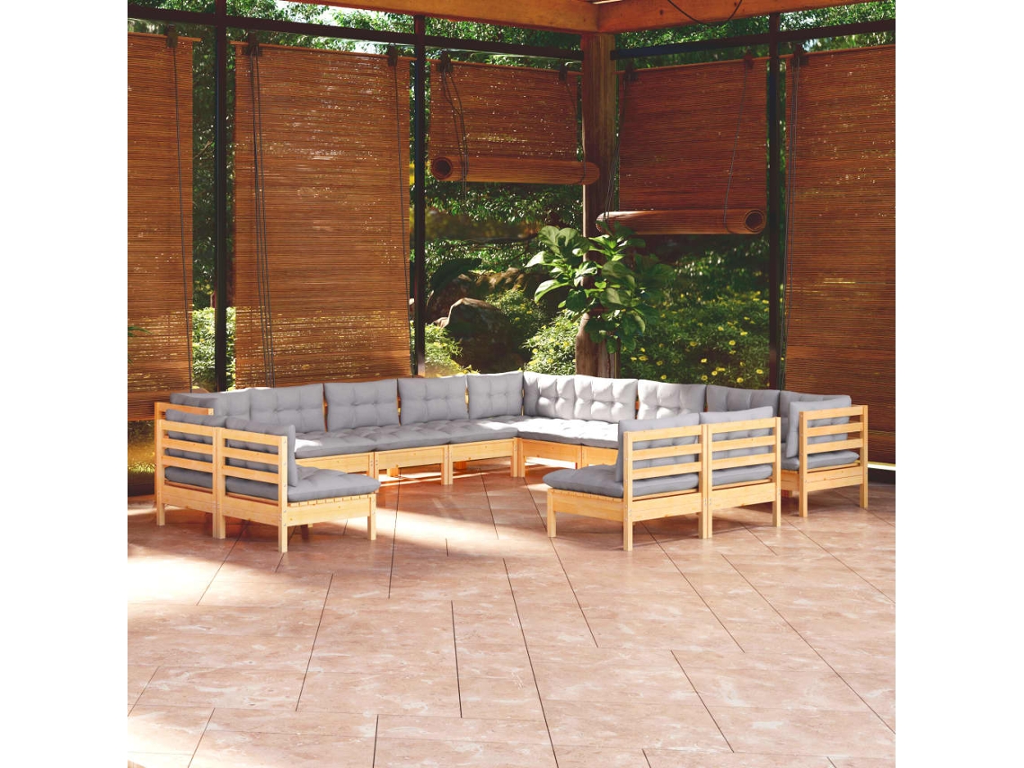 Vidaxl 13pcs Conjunto Lounge De Jardim + Almofadões Cinza Pinho Maciço