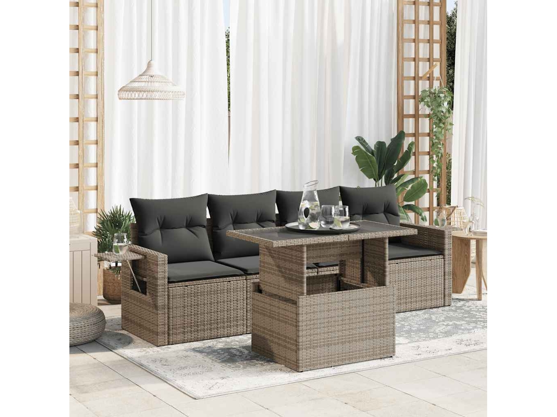 Vidaxl 5 Pcs Conjunto Sofás de Jardim C/ Almofadões Vime Pe Cinzento