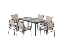 Conjunto De Mesa E Cadeiras De Jardim De 7 Peças Com Com Efeito Madeira E 6 Com Assento Respirável Caqui