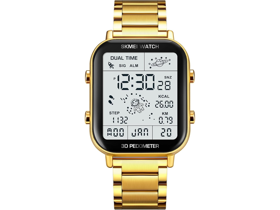 Lurelia Relógio Digital Desportivo, Visor Digital, Cronómetro, Alarme, Data/calendário, 12/24h, Luminoso, Duplo Fuso/mostrador, Aço Inoxidável, Prata