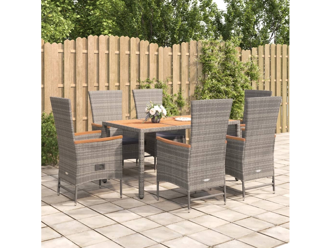 Vidaxl 7 Pcs Conjunto De Jantar P/ Jardim C/ Almofadões Vime Pe Cinza