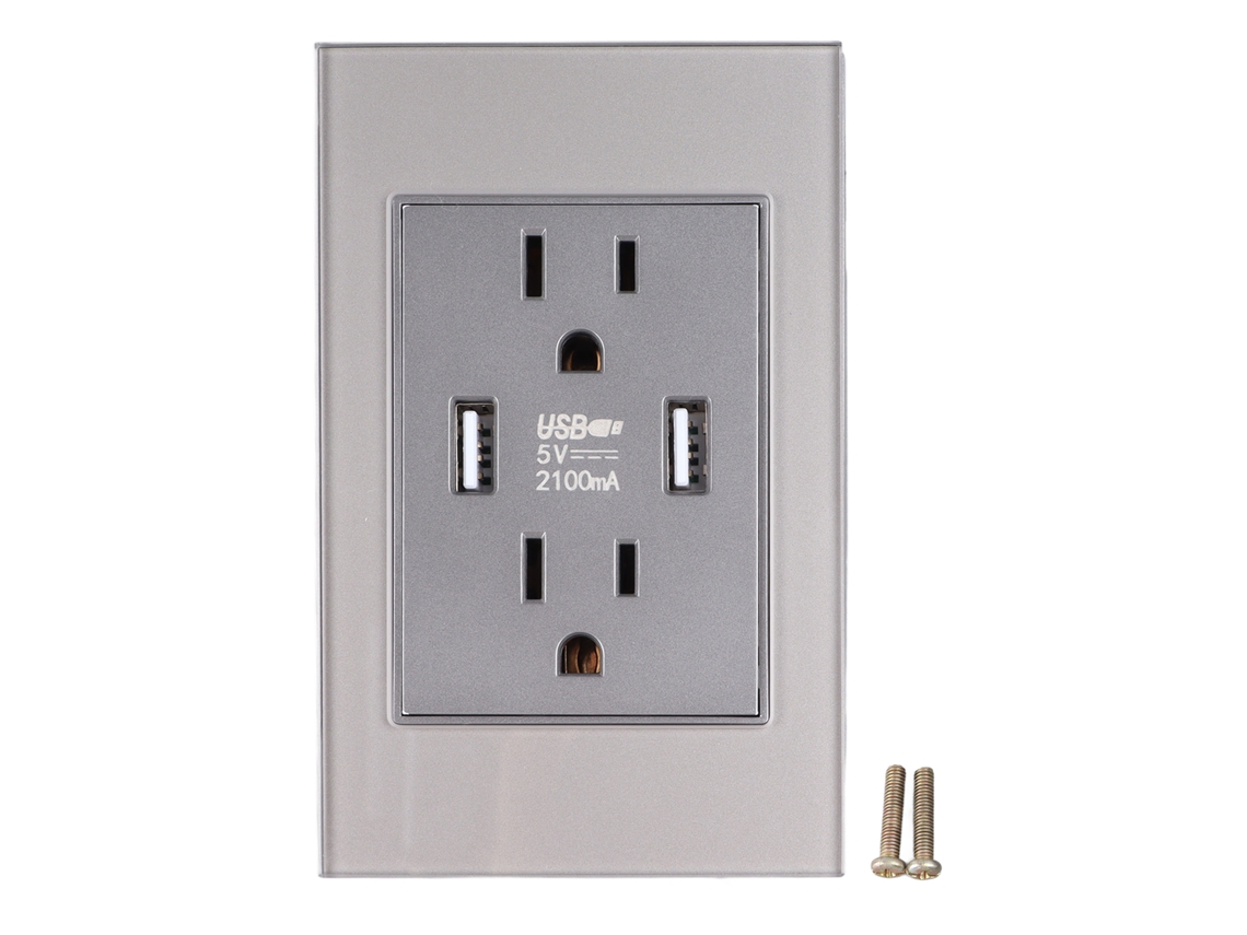Enchufe de pared serie 118 com Usb 2.1a, painel de vidro temperado, cinza, padrão americano | S/MARCA