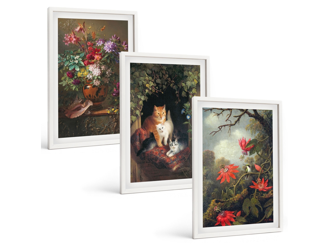 Composição De Quadros Flores Vintage, Gatos, Natureza Moldura Branca Fotos Para O Escritório Espelharte (3 Piezas De 40x60 Cm)