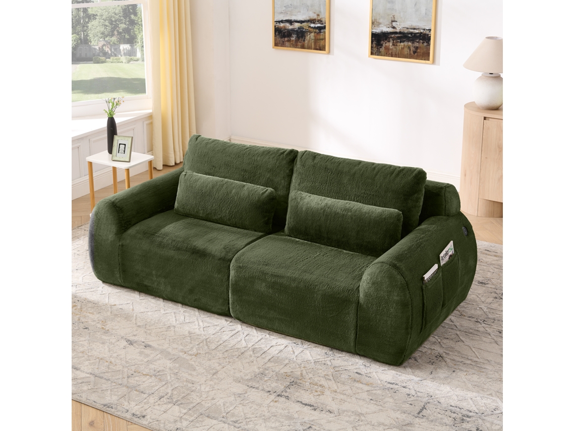 Sofá 2 Lugares Pele Coelho Usb Bolso Lateral Verde VELTRIX