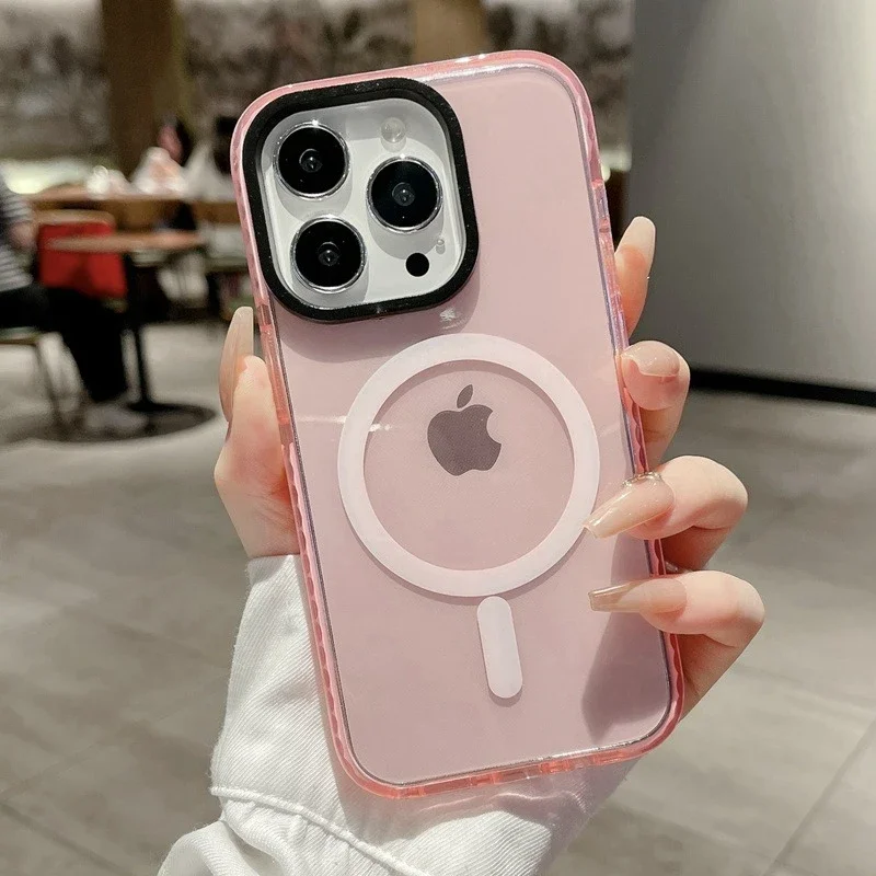 Capa Para Celular (iphone 14 Rosa) Com Carregamento Sem Fio, Moldura Transparente Magnética E Tampa Traseira.