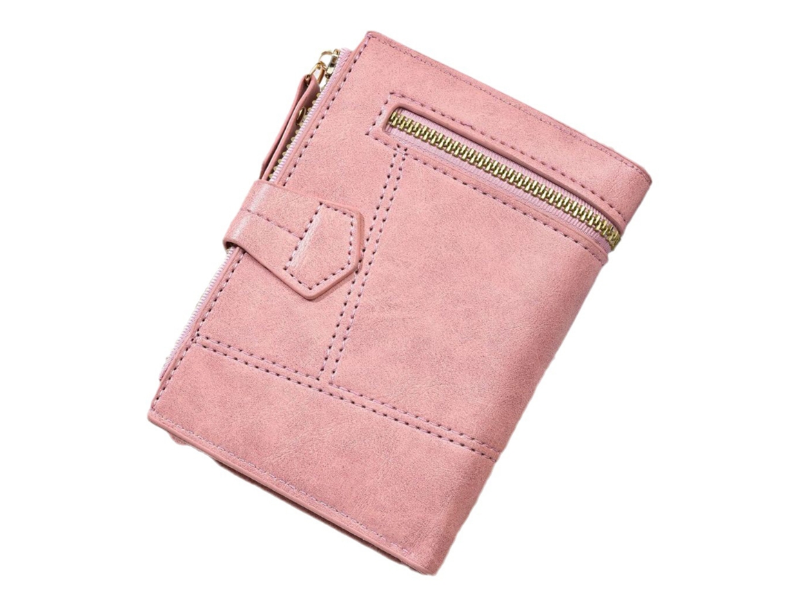 Carteira Feminina de Couro Pu Pequena com Ranhuras para Cartões e Moedas Rosa S/MARCA