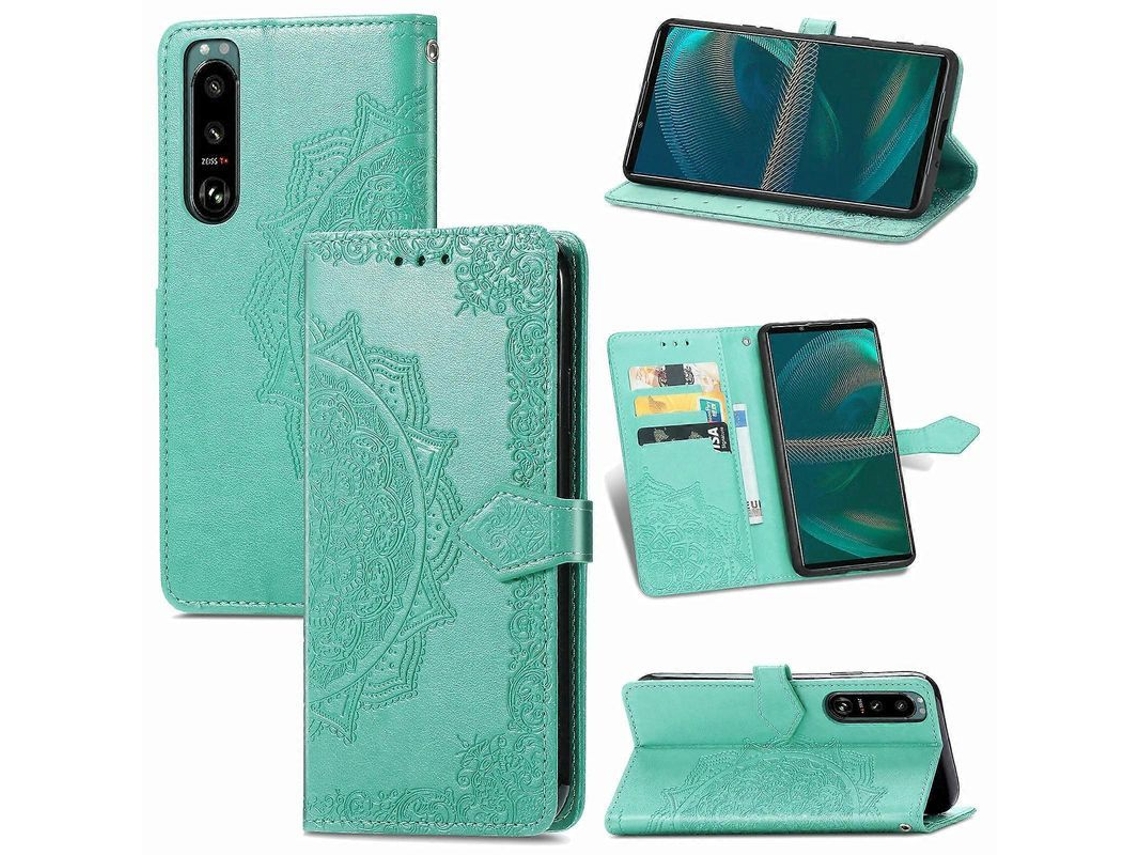 Yuru capa de Couro Flip Horizontal com Flor Mandala para Sony Xperia 5 Iii com Suporte, Slot para Cartão, Carteira e Cordão Verde