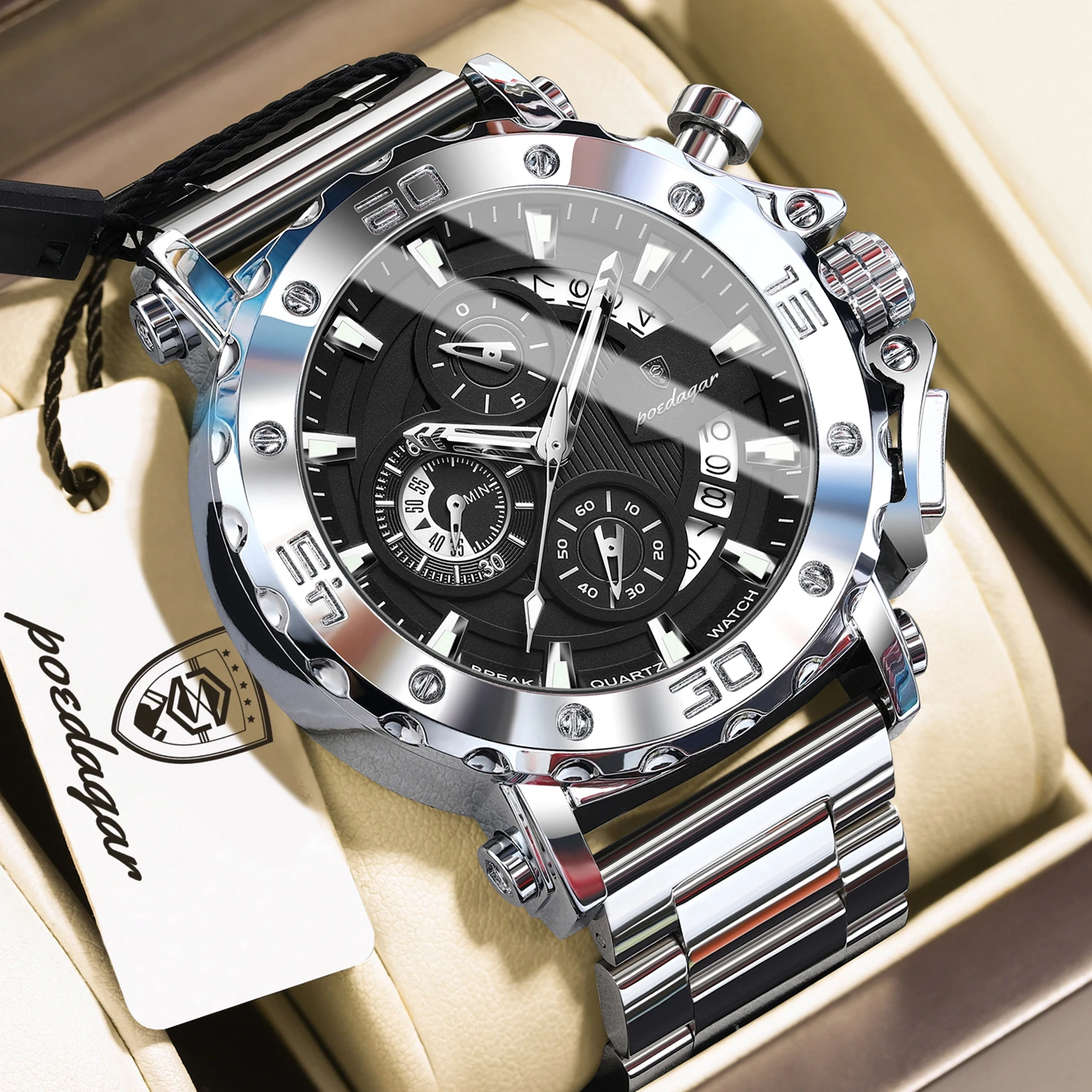 Relógio Masculino Elegante, Luminoso E À Prova D'água, Em Aço Inoxidável (prateado E Preto), Com Cronógrafo De Data E Movimento De Quartzo.