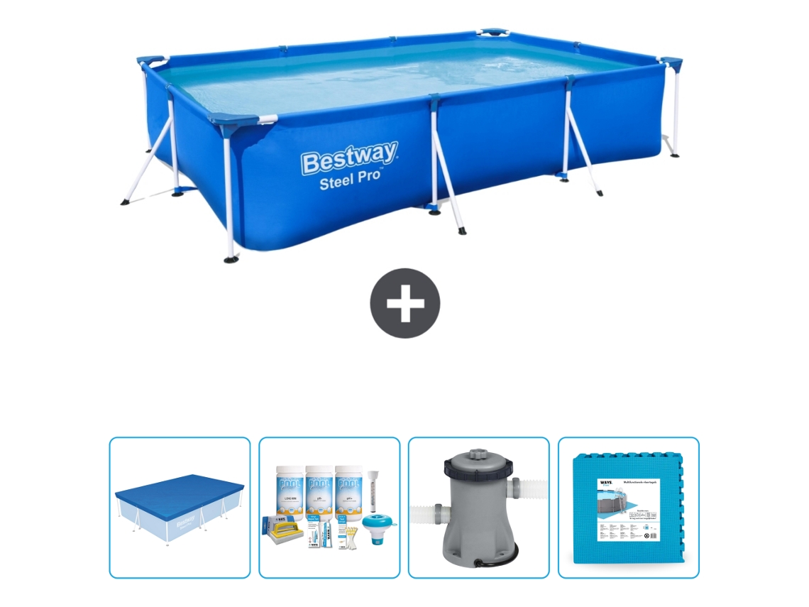 Piscina Retangular Steel Pro BESTWAY 300 X 201 X 66 Cm Azul Incluída Cobrir Pacote de Manutenção Bombear Ladrilhos