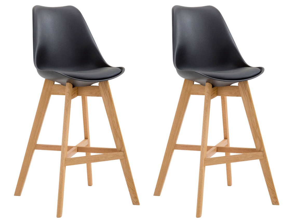 Conjunto de 2 banquetas de bar escandinavas com assento em plástico preto e PVC e pés em madeira maciça 10_0006030