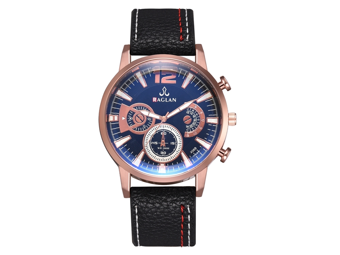 Reloj Hombre De Cuarzo Con Caja De Oro Rosa Y Correa De Pu (correa Negra Dial Azul)