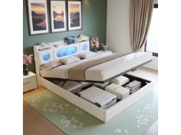 Cama Estofada 160x200 Cm em Couro Pu com Espaço de Armazenamento, Cabeceira com Led, Prateleira, Porta Usb e Type c, Cama de Casal, Branco SIMURQ