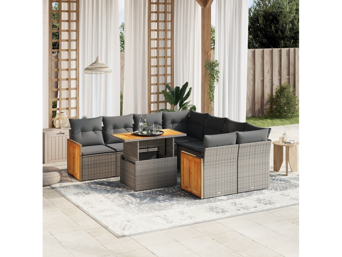 Vidaxl 9 Pcs Conjunto Sofás P/ Jardim Com Almofadões Vime Pe Cinzento