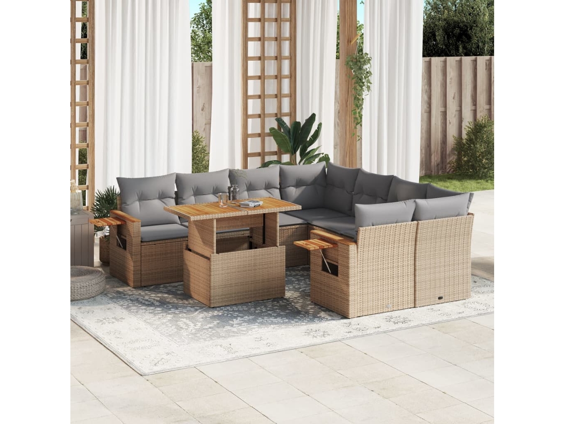 Vidaxl 9 Pcs Conjunto De Sofás P/ Jardim Com Almofadões Vime Pe Bege