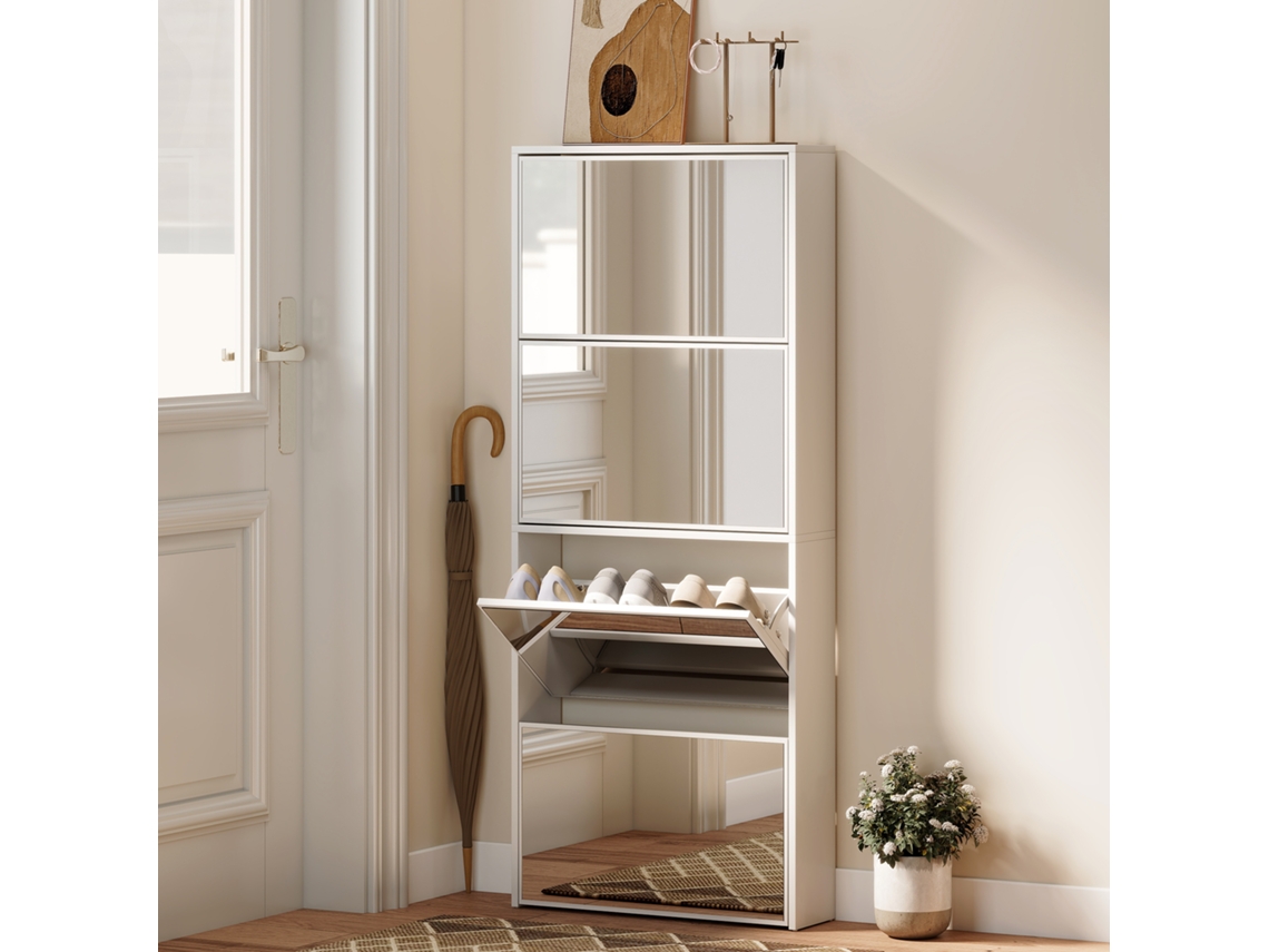 Sapateira Espelho De 4 Portas Anti-tombamento Em Madeira, 63x17x146 Cm, Branco