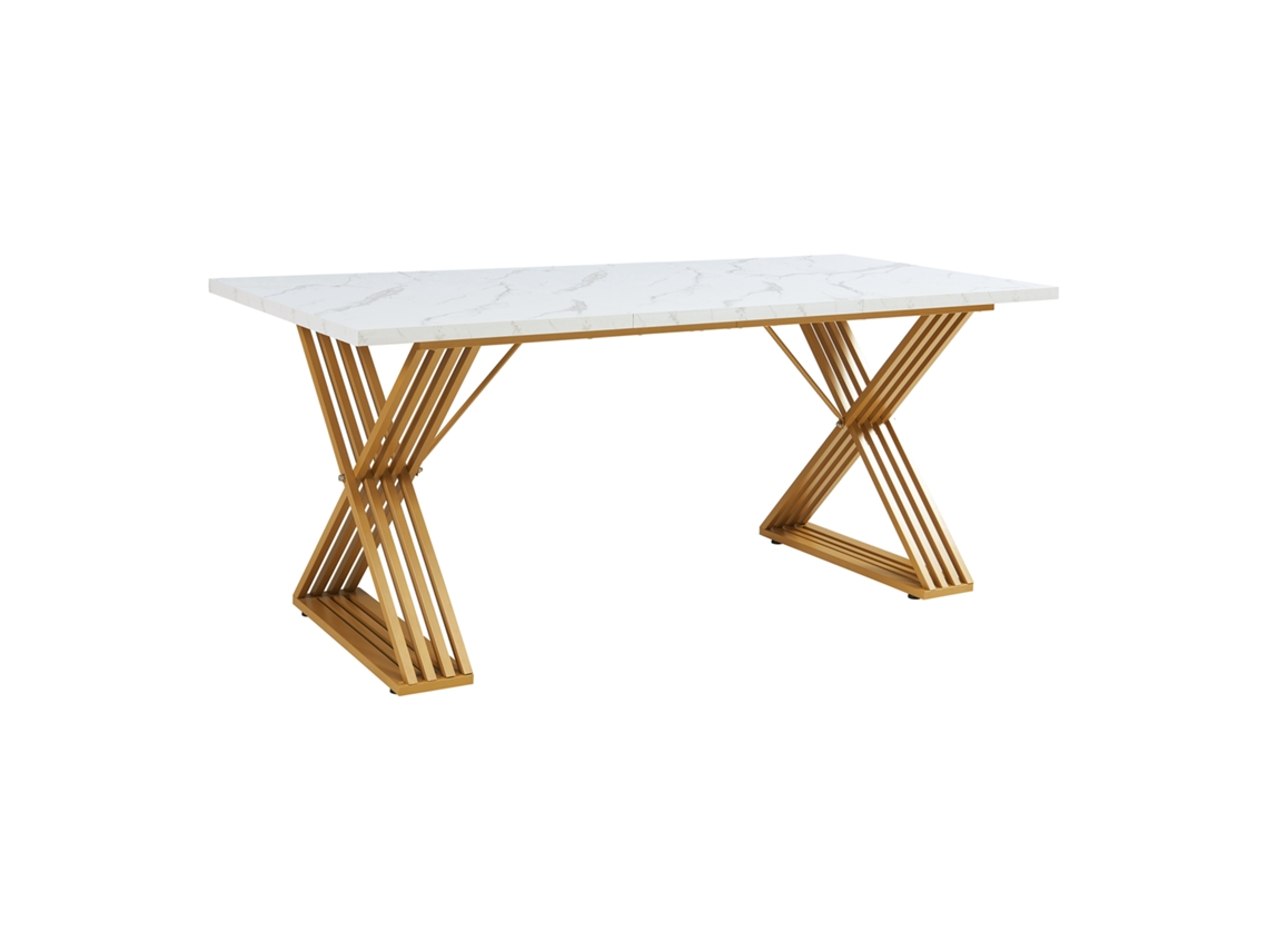 Mesa de Jantar Hujaari para 6 Pessoas, Visual Mármore, Branco/Dourado [EN.CASA]