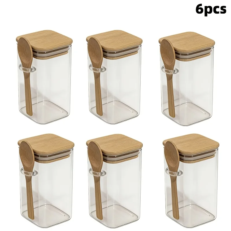 (6 Peças) Potes De Vidro Quadrados Herméticos Com Tampas E Colheres De Bambu, Ideais Para Armazenar Especiarias, Açúcar E Café Na Cozinha.