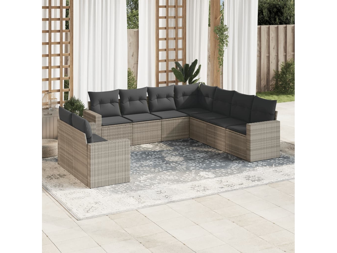 Vidaxl 9 Pcs Conj. Sofás Jardim Com Almofadões Vime Pe Cinzento-claro