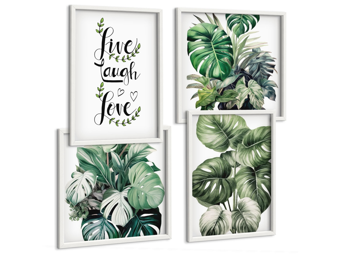 Galeria De Pinturas Murais Plantas Folhosas, Viver, Rir, Amar Moldura Branca Quadros Para O Escritório Espelharte (conjunto De 4 Imagens)
