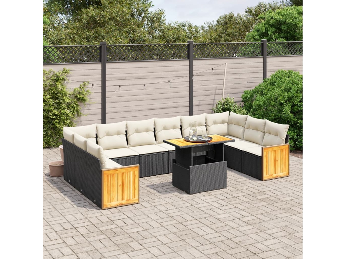 11 Pcs Conjunto Sofás De Jardim C/ Almofadões Vime Pe Preto Dkd Home Decor