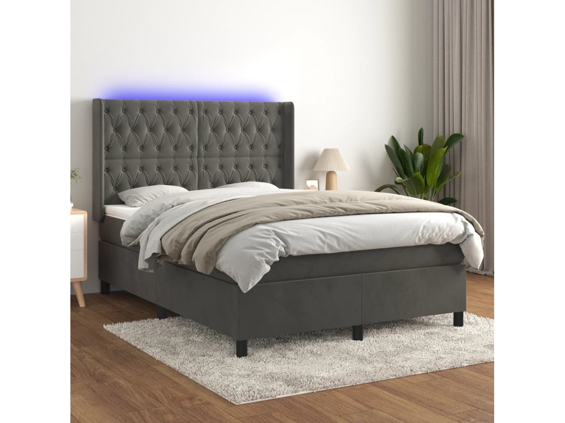Vidaxl Cama Box Spring C/ Colchão/led 140x200cm Veludo Cinzento-escuro