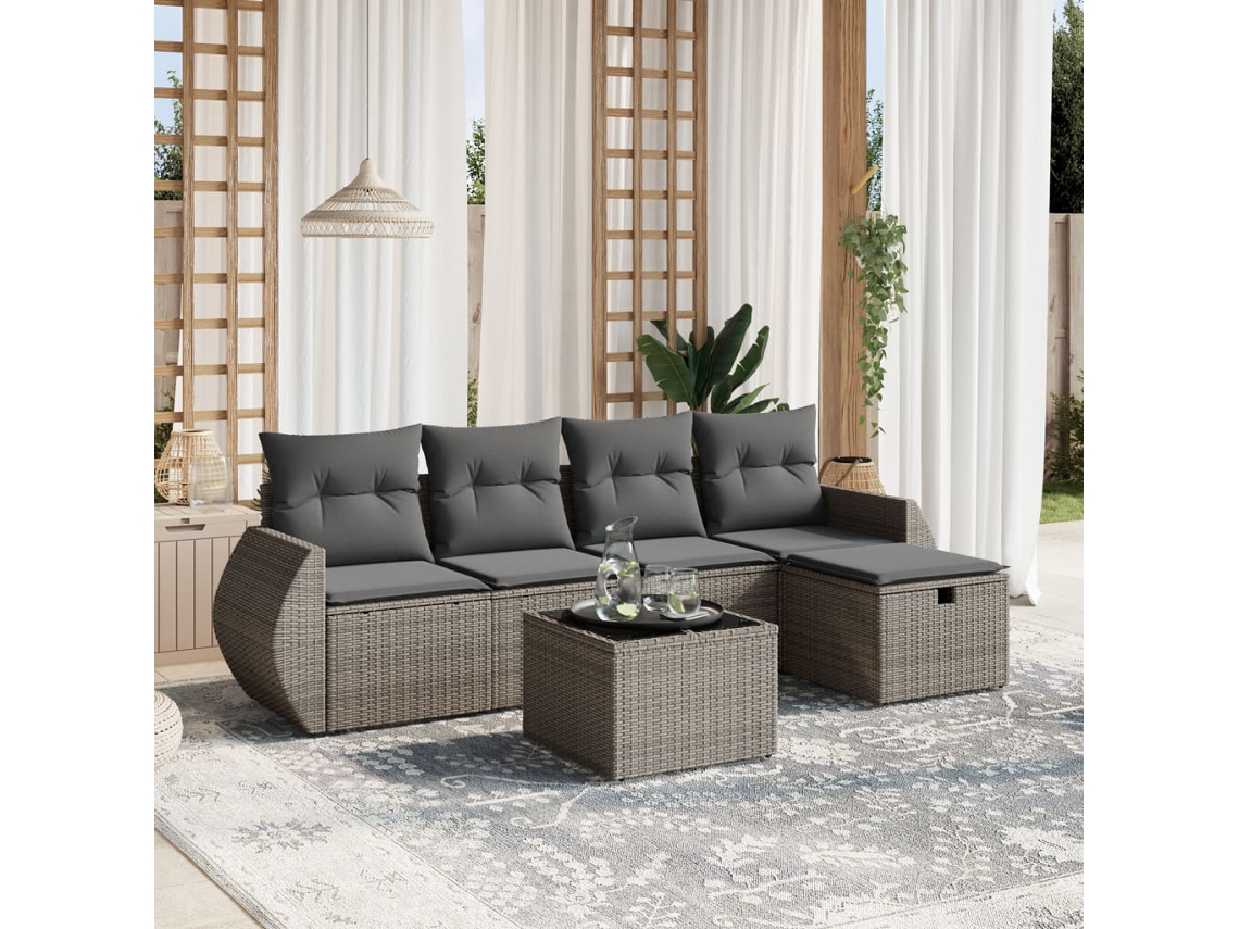 Vidaxl 6 Pcs Conjunto Sofás De Jardim Com Almofadões Vime Cinzento