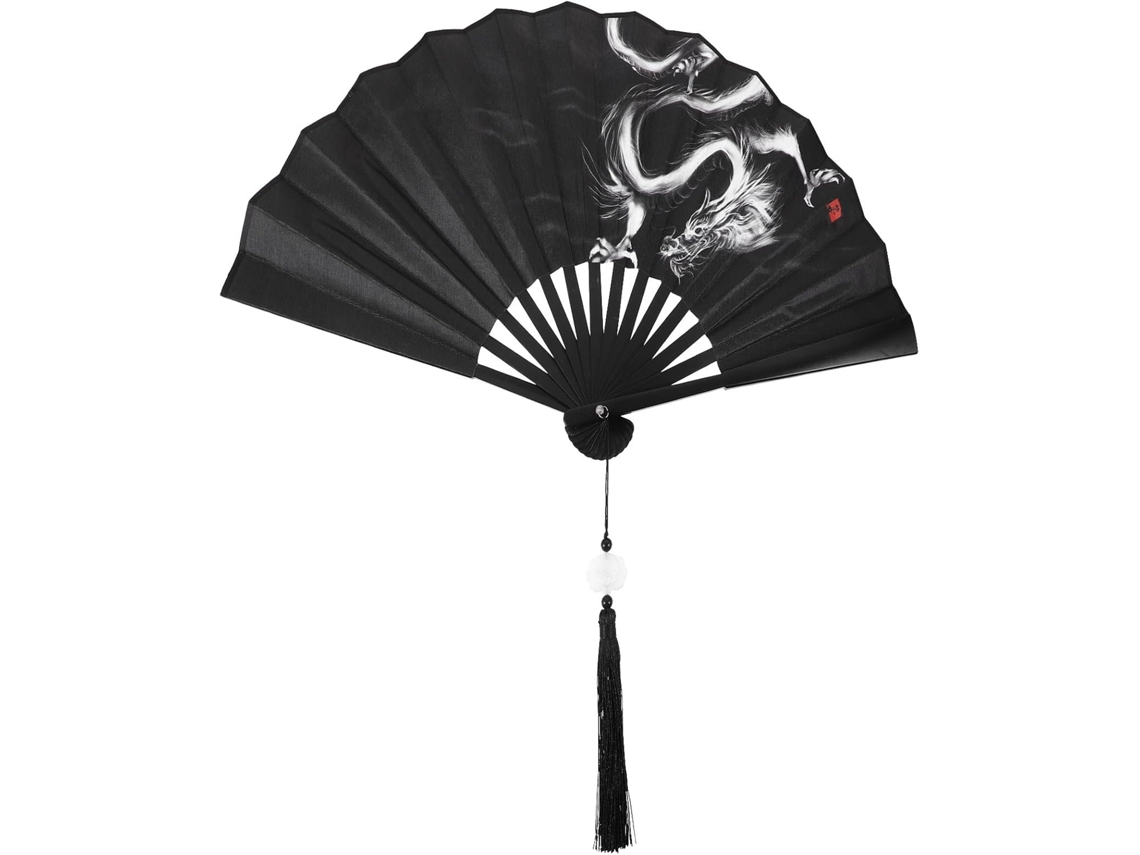 Elegante leque dobrável chinês com estampa de dragão, leque de mão portátil de seda, acessório dobrável para dança.