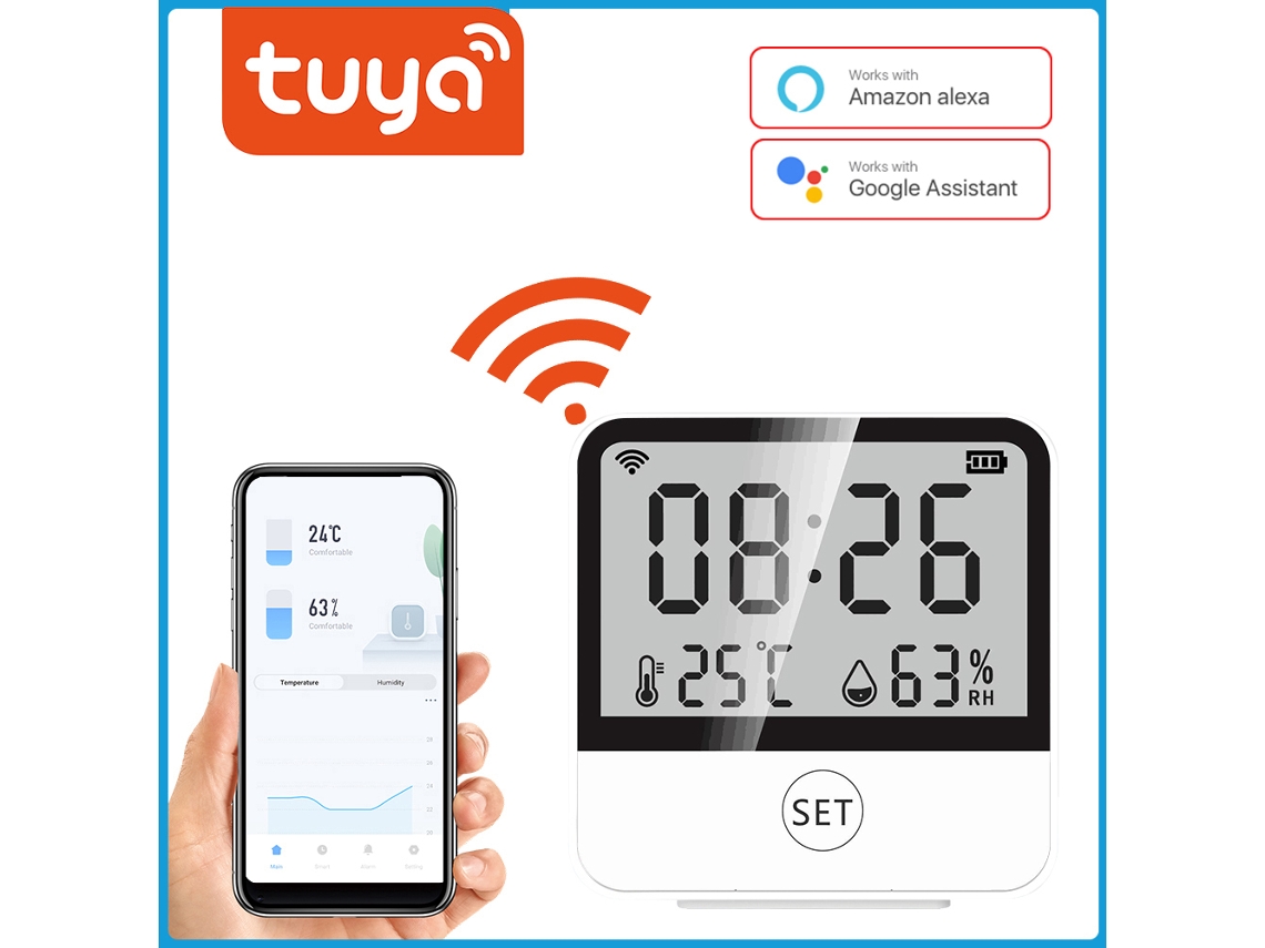 Yuru sensor Inteligente de Temperatura e Umidade Wifi Tuya com Display Grande, Hora e Compatível com Alexa