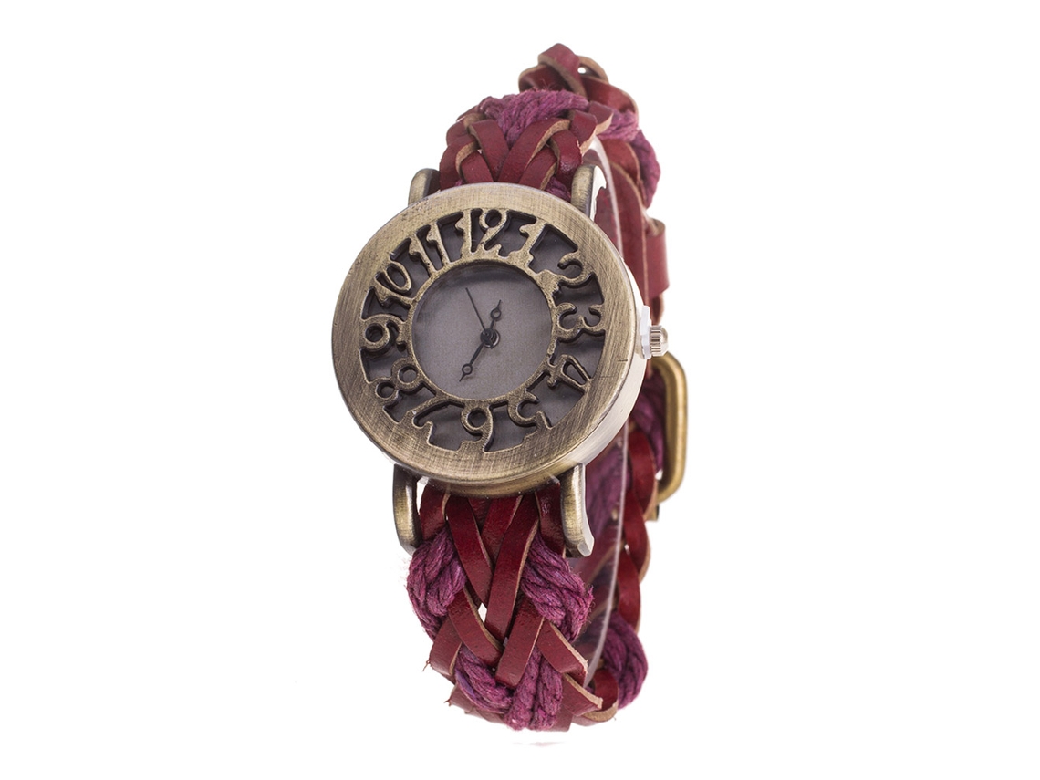Relógio de pulso vintage de quartzo com pulseira de PU para homens e mulheres (vermelho)