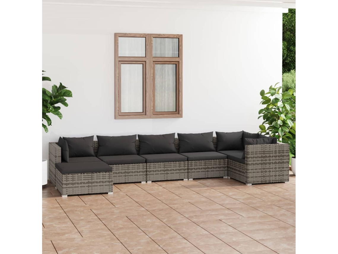 Conjunto 7 Peças Lounge De Jardim C/ Almofadões Vime Pe Cinza Dkd Home Decor
