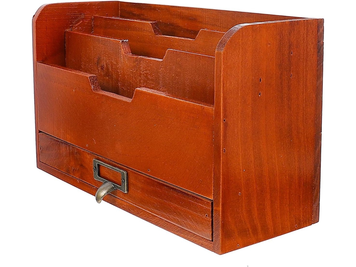 Caixa Organizadora Prática com Gavetas, na Cor Madeira Envelhecida, Compacta e Durável, Ideal para Escritório Ou Casa. SFUSHOS