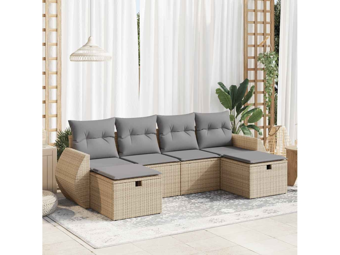 Vidaxl 6 Pcs Conjunto De Sofás P/ Jardim Com Almofadões Vime Pe Bege