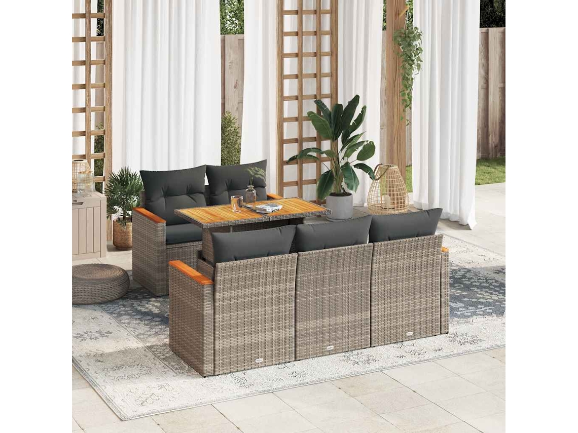 Vidaxl 6 Pcs Conjunto Sofás Jardim Com Almofadões Pe/acácia Cinzento